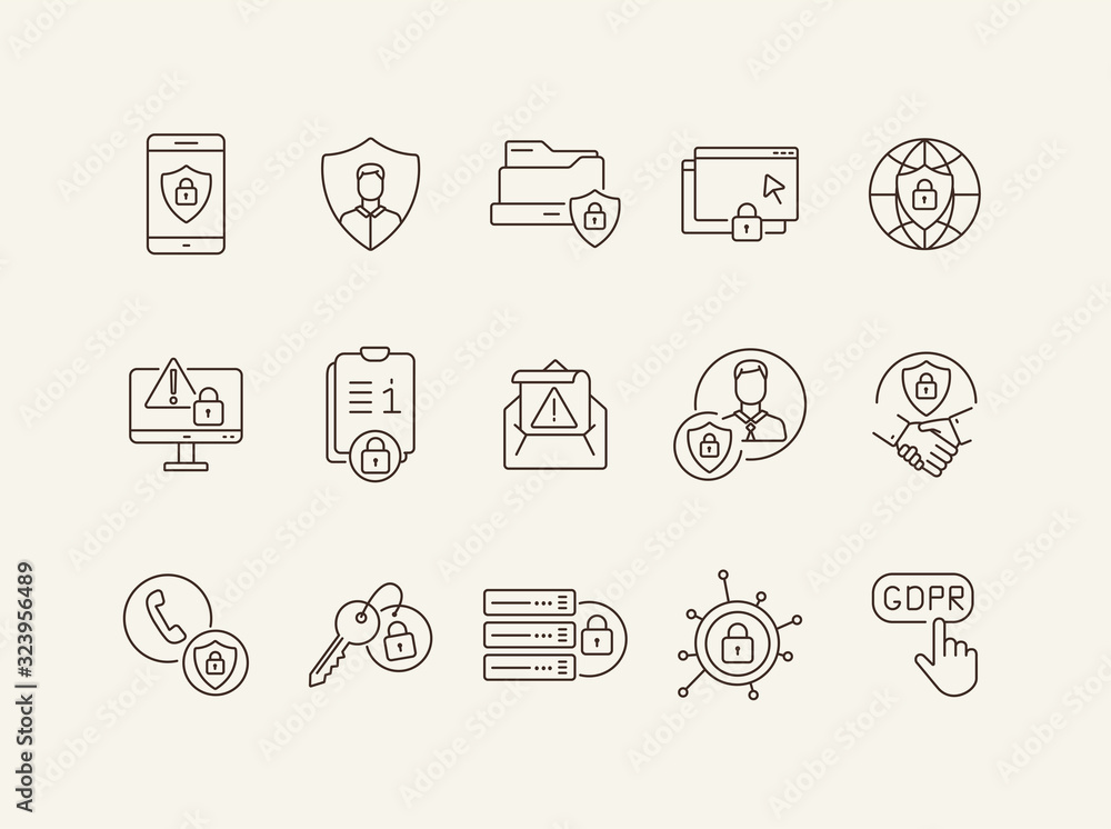 Poster personal data security line icon set. document, gadget, deal, avatar, network, shield isolated outli