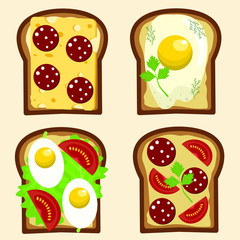 Set of breakfast toasts with sausage, tomato, cheese, fried egg, lettuce and parsley. Flat cartoon vector illustration.