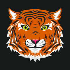 Plakat Vector illustration of tiger head on black background. Flat cartoon style.