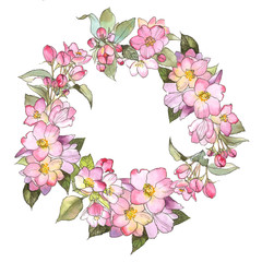 Apple tree flowers folded in a circle, spring wreath, hand-drawn watercolor on a white background for printing on fabric
