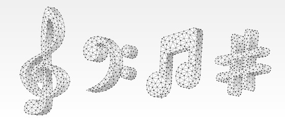 Set of musical notes. Treble clef, bass clef, melody key, melody note, festival poster or banner. Low poly, wireframe 3d vector illustration. Abstract, polygonal image on white origami background