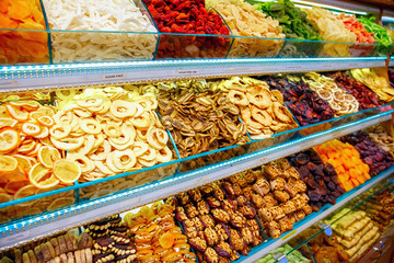 dried fruits at Grand bazaar, Istanbul, Turkey.Istanbul market with various dried fruits, shallow...