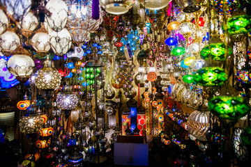 Colorful hanging glass and brass lamps in Grand Bazaar, Istanbul, Turkey.