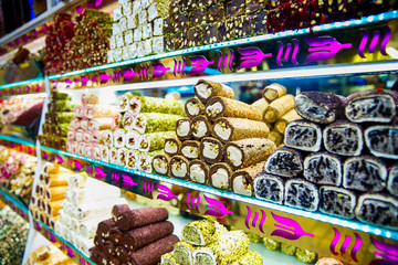 Delicious tasty turkish delight (sweets) and dried fruits at Grand bazaar, Istanbul, Turkey.