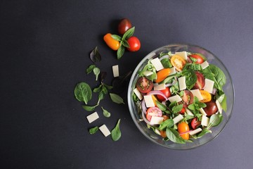salad bowl of cheese,cherry tomatoes,basil,Spanish onion,corn salad,mint,olive oil,vinegar,salt. photo isolate top view copy space