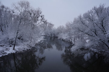 Winter snow-covered river landscape
