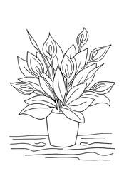 Indoor plants, flower with leaves in a pot coloring page. Hand drawing coloring book for children and adults. Beautiful drawings with patterns and small details. Vector illustration.