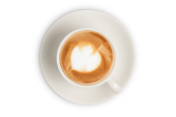 Latte coffee cup. Latte coffee cup top view isolated on white background.