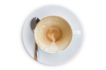 Empty coffee cup. Latte coffee cup after drink top view isolated on white background.