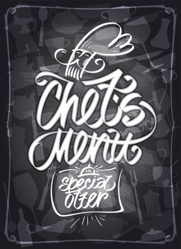 Lettering calligraphy Chef's menu card on a chalkboard