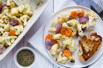 Turkey steak and vegetables cauliflower onion carrots baked in the oven on a white plate, herbs and spices. Concept spring diet menu. Top view, flat lay
