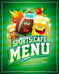 Sports cafe menu cover design with rugby ball and funny food personage