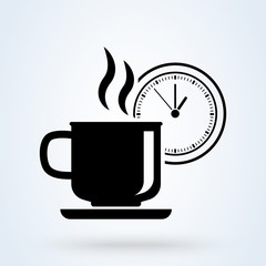 Coffee or tea cup with clock symbol. Coffee time illustration. Coffee break, rest sign. Mug with clock illustration for perfect web, app and logo design.