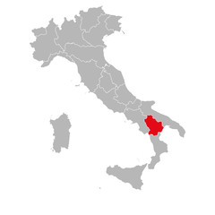 Basilicata province highlighted red on Italy map vector. Gray background.