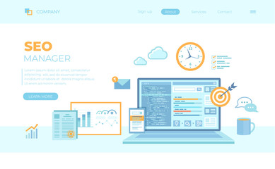 SEO Manager, Key Management, Content marketing. Coordinating and implementing search engine marketing programs. Laptop with web page and program code. Can use for banner, landing page, web template