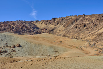 Scenic view of desert in Mount Teide national park (Parque Nacional del Teide) on Tenerife in Canary islands in Spain. Beautiful summer sunny look of wilderness on small tropical island near Africa