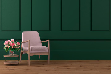 elegant and modern interior design setting with pink armchair and wooden cofee table with vase of roses on dark green wall, 3d render