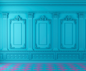 Empty classic room with moulding on turquoise wall and chequed pink foor, vibrant and bright colours empty interior with copy space, arquitectural mockup, 3d render