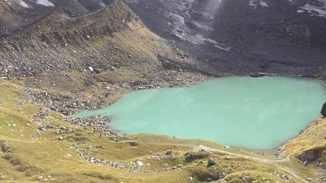 Panoramic view of Locce Lake at the foot of Monte Rosa in Italy.