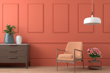 vibrant orange interior design background with peach colored armchair, lamp and cofee table with roses on modern moulding wall, 3d render