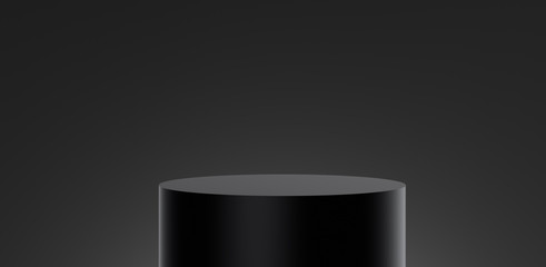 3D rendering of close up black label podium cylinder or empty pedestal, blank stand for product and display on black gradient and minimal background