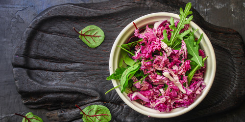 healthy food, salad leaves and Chinese cabbage (delicious snack) menu concept. background. top view. copy space