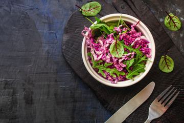 healthy food, salad leaves and Chinese cabbage (delicious snack) menu concept. background. top view. copy space
