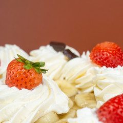Pie Strawberry Chocolate Whipped Cream Brown Wood Marble Pineapple Blue Yellow Plate Settings