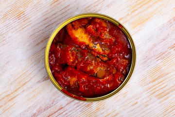 Tinned small sprat riga fried in tomato sauce, nobody