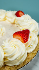 Pie Strawberry Chocolate Whipped Cream Brown Wood Marble Pineapple Blue Yellow Plate Settings