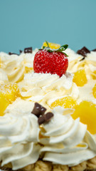 Pie Strawberry Chocolate Whipped Cream Brown Wood Marble Pineapple Blue Yellow Plate Settings