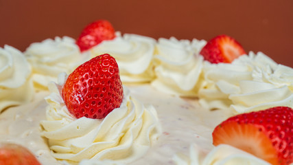Pie Strawberry Chocolate Whipped Cream Brown Wood Marble Pineapple Blue Yellow Plate Settings