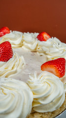 Pie Strawberry Chocolate Whipped Cream Brown Wood Marble Pineapple Blue Yellow Plate Settings