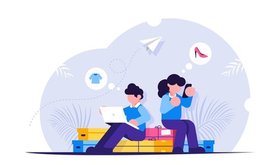 Online Shopping concept. Man and woman shop online using laptop and mobile phone. People are sitting on shopping boxes. Modern Flat vector illustration.