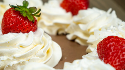 Pie Strawberry Chocolate Whipped Cream Brown Wood Marble Pineapple Blue Yellow Plate Settings