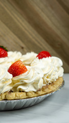 Pie Strawberry Chocolate Whipped Cream Brown Wood Marble Pineapple Blue Yellow Plate Settings