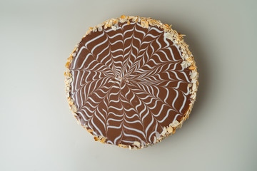 Traditional soviet birthday cake with chocolate icing and almond flakes decoration on the side, isolated on white