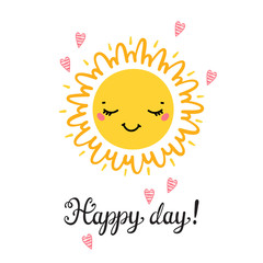 T-shirt Print Design for Kids with Little Cute Smiling Sun Icon. Cartoon Doodle Funny Happy Sun Face Vector Illustration. Scandinavian print or poster design, Baby shower greeting card. Happy Day