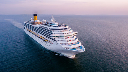Aerial view large cruise ship at sea, Passenger cruise ship vessel - obrazy, fototapety, plakaty