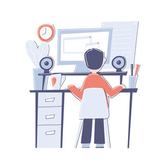 Man sitting on working place with computer. Flat vector illustration on white background