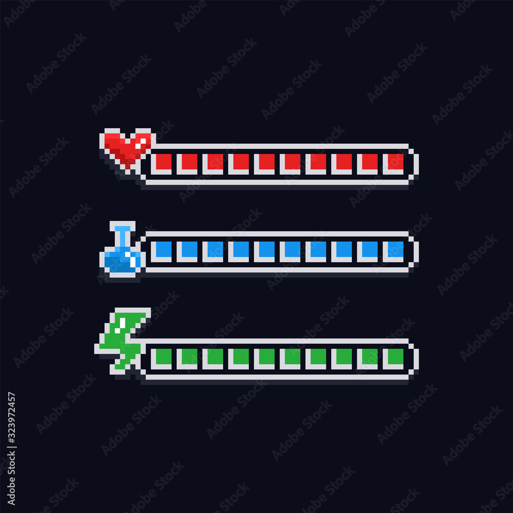 Poster pixel art 8 bit retro styled game design interface set - red health indicator with heart, blue mana 