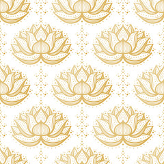 Ethnic Oriental Mehndi Lotus Flower Symbol Seamless Pattern. Golden Ornamental Floral Pattern Vector Background