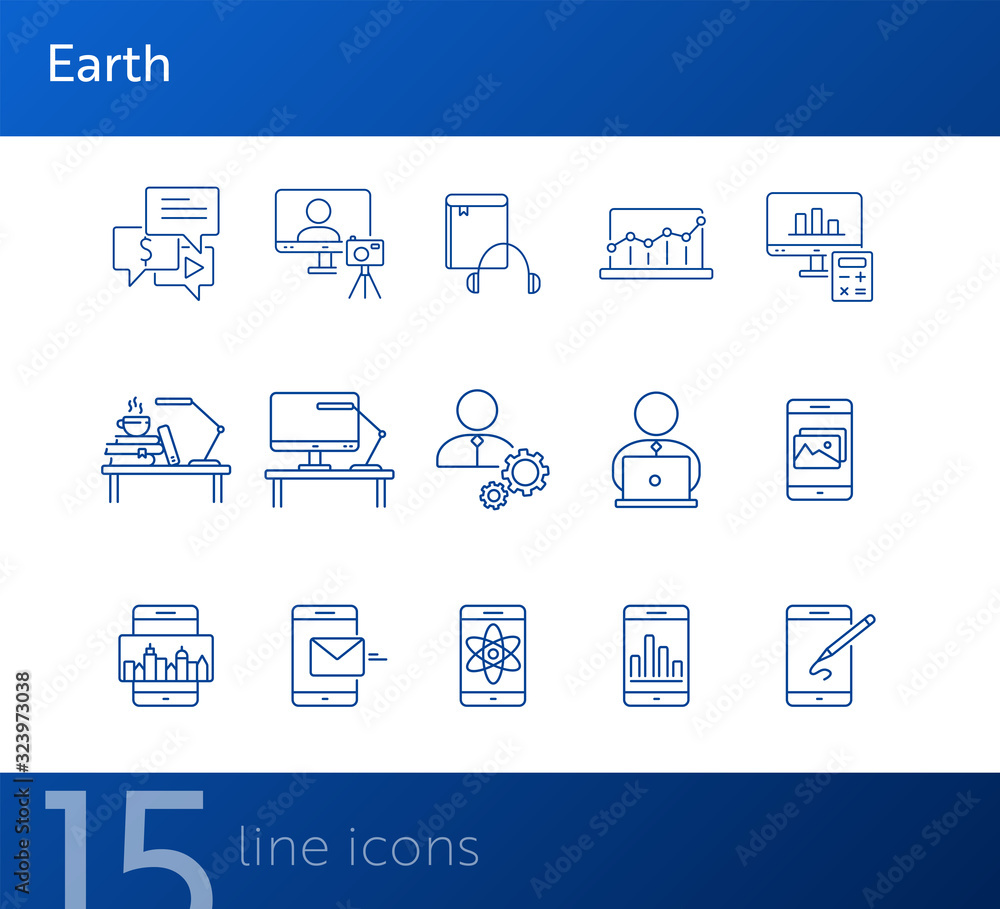 Poster e-learning line icon set. smartphone, computer, workstation. tutorial concept. can be used for topic
