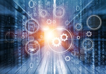 Working data center server room with media illustrations