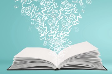 Open book with letters flying away. Education concept