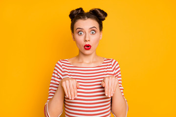 Photo of pretty attractive lady open mouth raise hands like funny bunny rabbit speechless obedient person wear striped red white shirt isolated bright yellow color background
