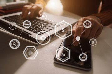 Coding software developer work with augmented reality dashboard computer icons  with responsive...