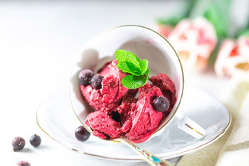 Blackcurrant sorbet. Berry ice cream iwith mint and blackcurrant.