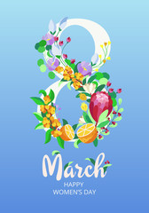 Happy Women's Day greeting card on blue background. 8 March concept. Vector illustration