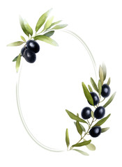 Hand drawn oval watercolor frame of olive branches with green leaves and black berries isolated on a white background. Ideal for creating  invitations, greeting cards. Floral illustration.